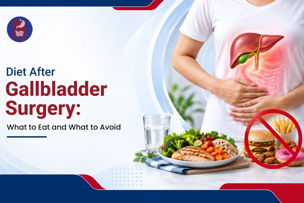 Diet after gallbladder surgery showing healthy foods to eat and fatty foods to avoid